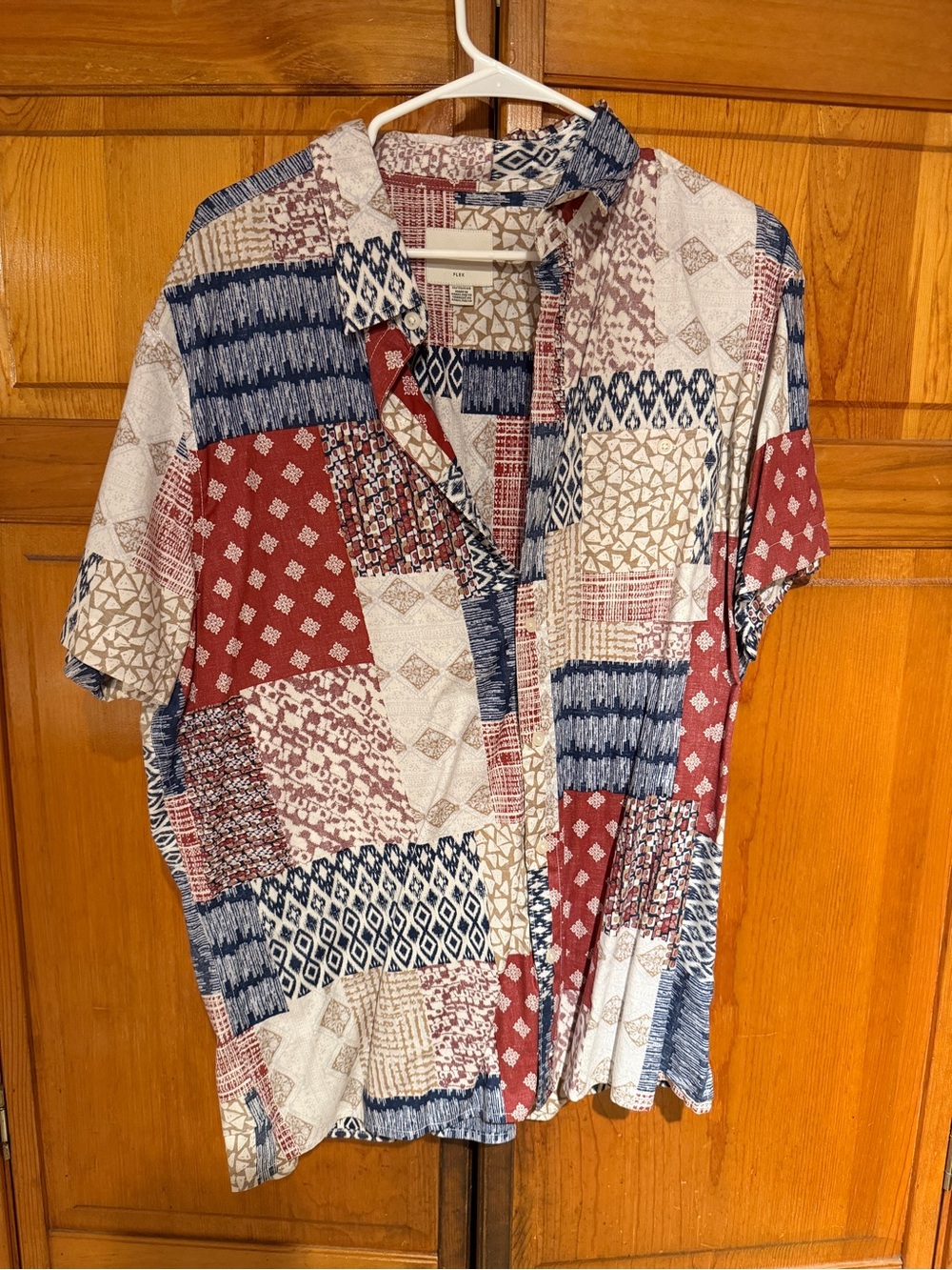 American Eagle Outfitters Patchwork Button-Down Shirt - Red, Blue, Cream